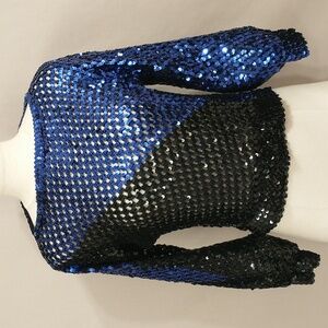 Vintage Sequin Top Blue & Black Long Sleeve Colorful Stretch Party Dance Sparkly